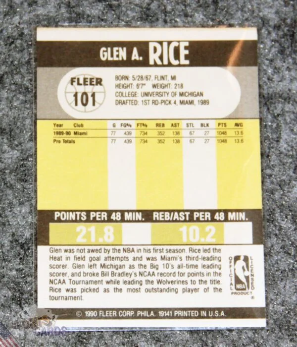 1990-91 Glen Rice #101 Fleer-back