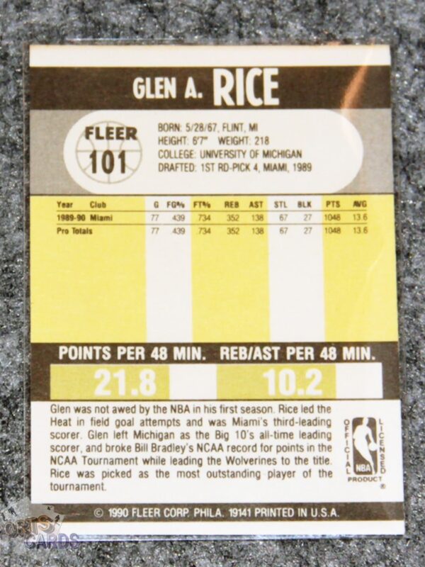 1990-91 Glen Rice #101 Fleer - Afbeelding 2