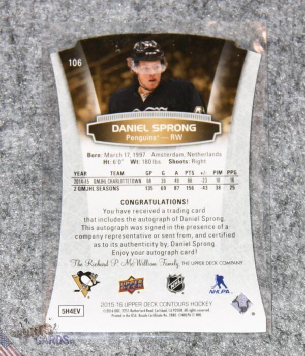 Alternative view of 2015-16 Daniel Sprong #106 Upper Deck Contours Rookies Die-Cut /499