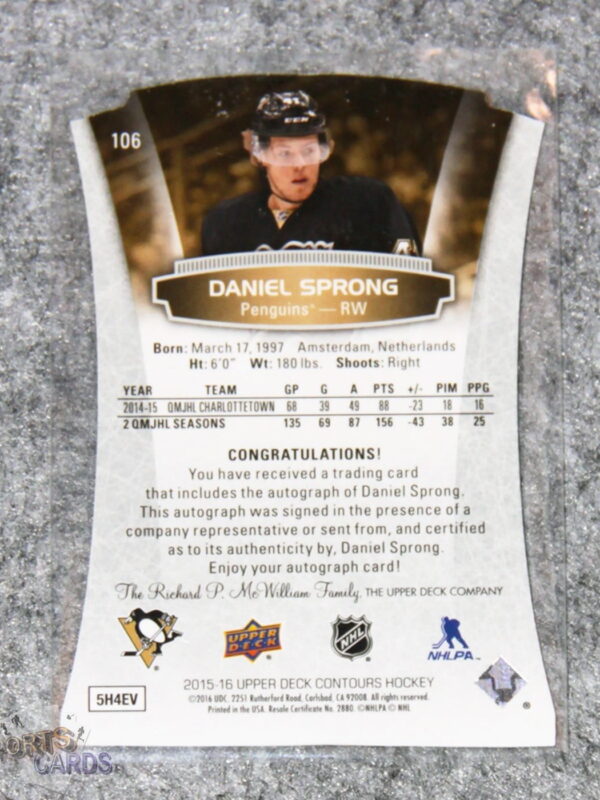 Alternative view of 2015-16 Daniel Sprong #106 Upper Deck Contours Rookies Die-Cut /499