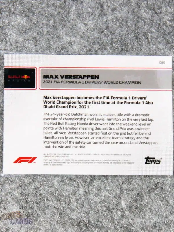 2021 Max Verstappen #80 Topps Now Formule 1 Drivers World Champion-back