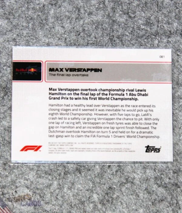 2021 Max Verstappen #81 Topps Now Formule 1 The Final Lap Overtake-back