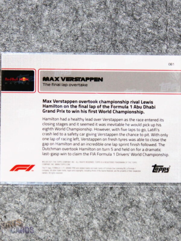 2021 Max Verstappen #81 Topps Now Formule 1 The Final Lap Overtake-back