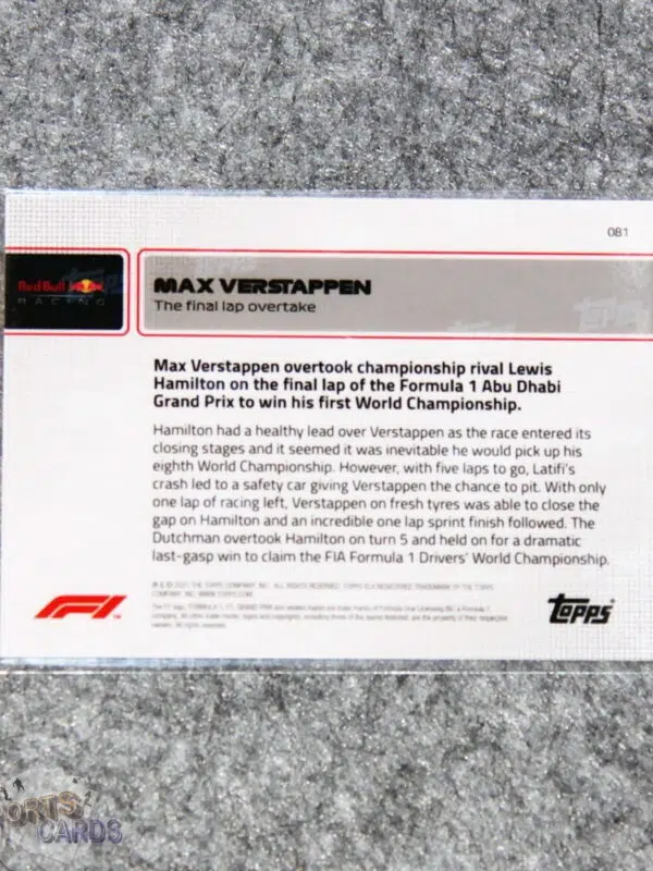 2021 Max Verstappen #81 Topps Now Formule 1 The Final Lap Overtake-back