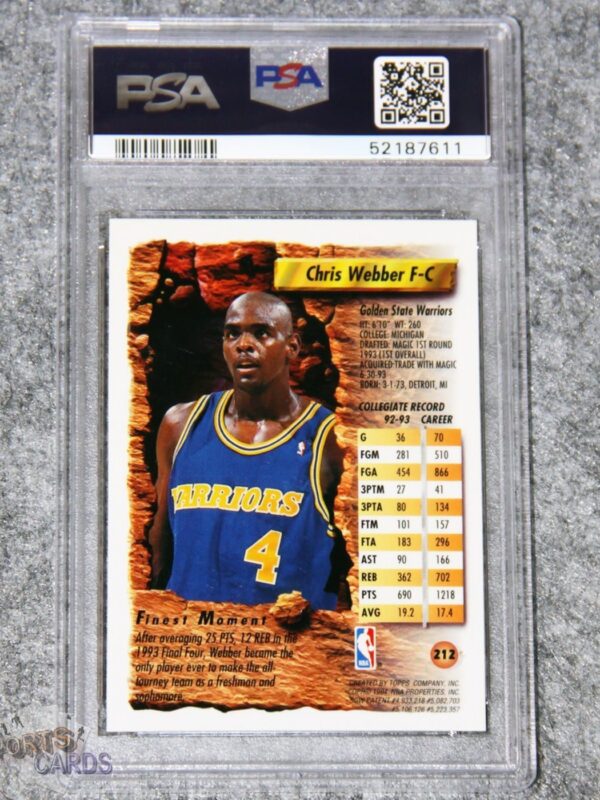 Alternative view of 1993-94 Chris Webber #212 Topps Rookie Finest RC PSA 9 MINT