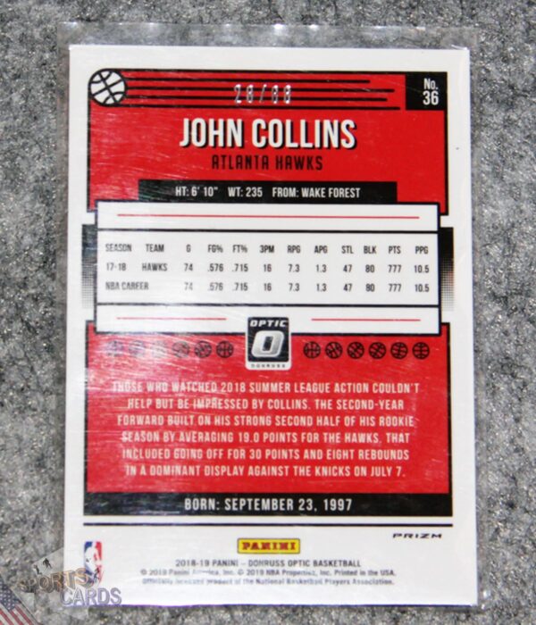 Alternative view of 2018-19 John Collins #36 Panini Donruss Optic Choice Red Prizm /88