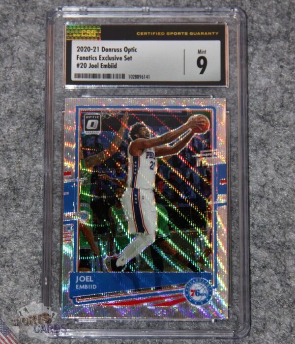 2020-21 Joel Embiid #20 Donruss Optic Fanatics Exclusive Silver Wave Prizm CSG 9