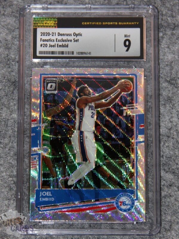 2020-21 Joel Embiid #20 Donruss Optic Fanatics Exclusive Silver Wave Prizm CSG 9