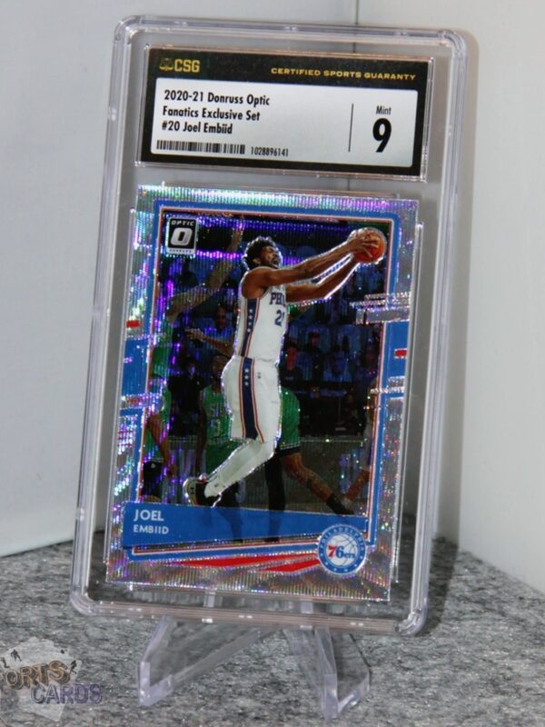 2020-21 Joel Embiid #20 Donruss Optic Fanatics Exclusive Silver Wave Prizm CSG 9-stand