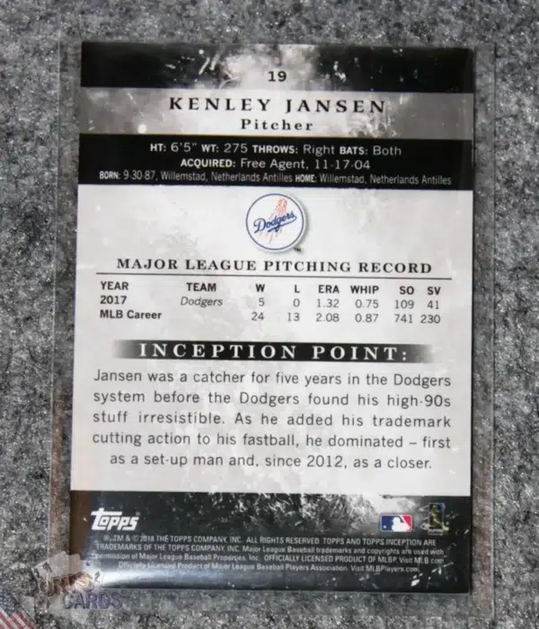 Alternative view of 2018 Kenley Jansen #19 Topps Inception Purple /150