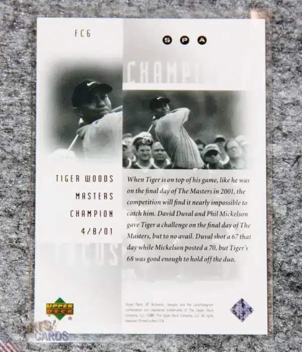 Alternative view of 2001 Tiger Woods #FC6 Upper Deck SP Authentic Focus on a Champion