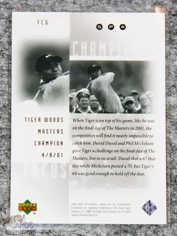 2001 Tiger Woods #FC6 Upper Deck SP Authentic Focus on a Champion-back