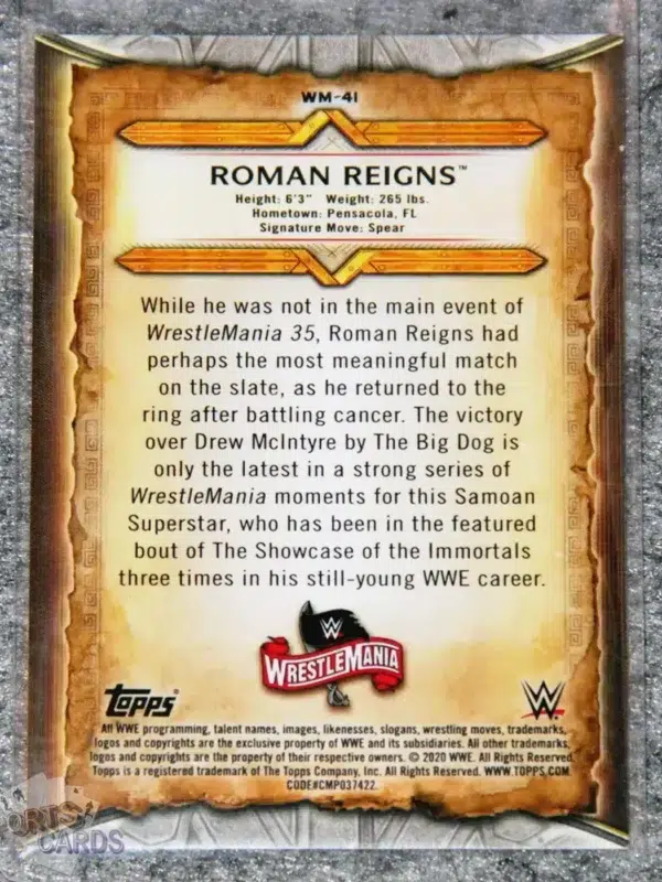 2020 Roman Reigns #WM-41 Topps WrestleMania-back