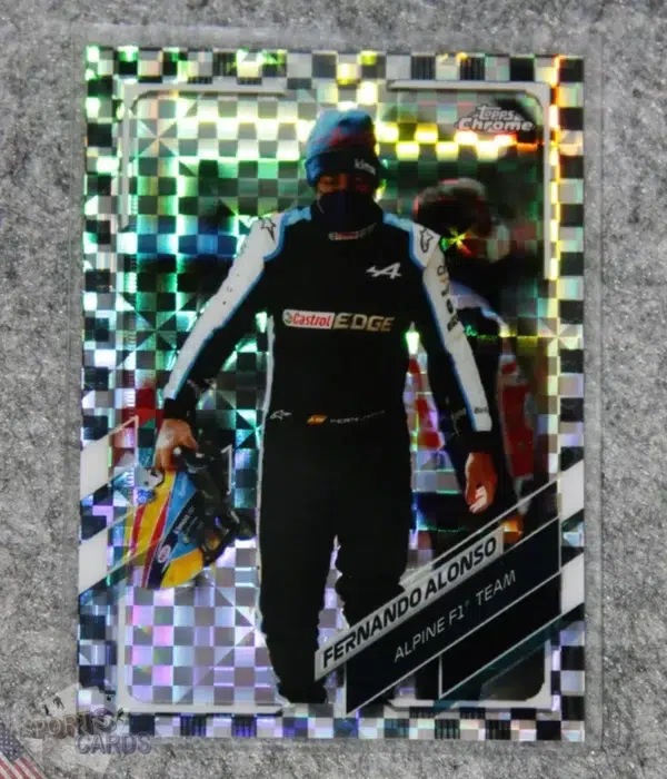 2021 Fernando Alonso #41 Topps Chrome Checker Flag Refractor SP-front