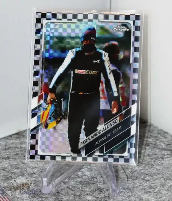 2021 Fernando Alonso #41 Topps Chrome Checker Flag Refractor SP-stand