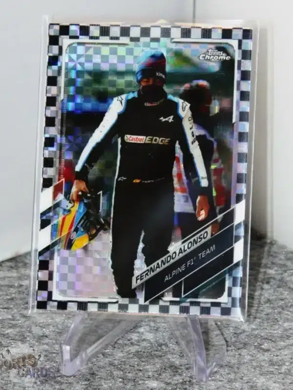2021 Fernando Alonso #41 Topps Chrome Checker Flag Refractor SP-stand