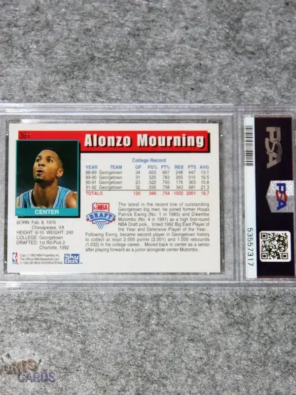 Alternative view of 1992-93 Alonzo Mourning #361 NBA Hoops RC PSA 9 MINT