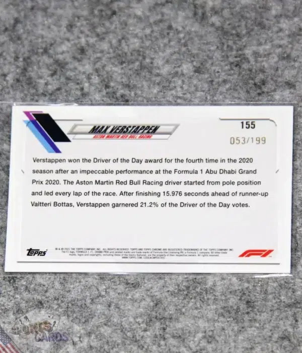 Alternative view of 2021 Max Verstappen #155 Topps Chrome F1 Purple Checker Flag Refractor /199