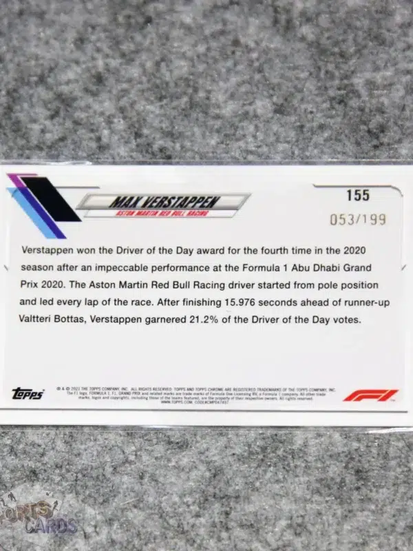 Alternative view of 2021 Max Verstappen #155 Topps Chrome F1 Purple Checker Flag Refractor /199