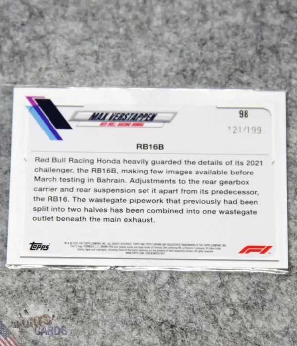 Alternative view of 2021 Max Verstappen #98 Topps Chrome F1 Purple Checker Flag Refractor /199