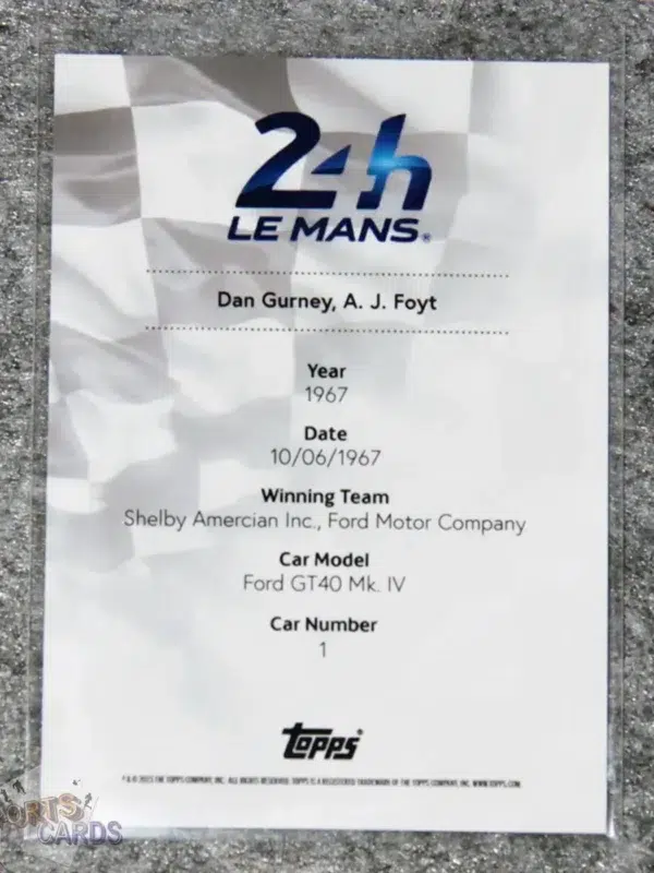 2023 Topps 24H of Le Mans Poster Art #22 Ford GT40 Mk. IV 10 & 11 june 1967-back