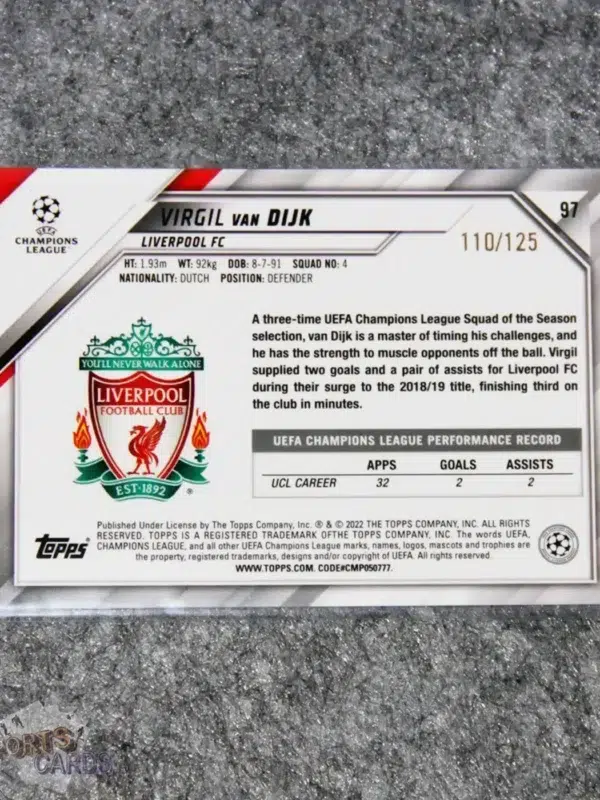 2021-22 Virgil van Dijk #97 Topps UEFA Champions League Jade Tiger /125-back