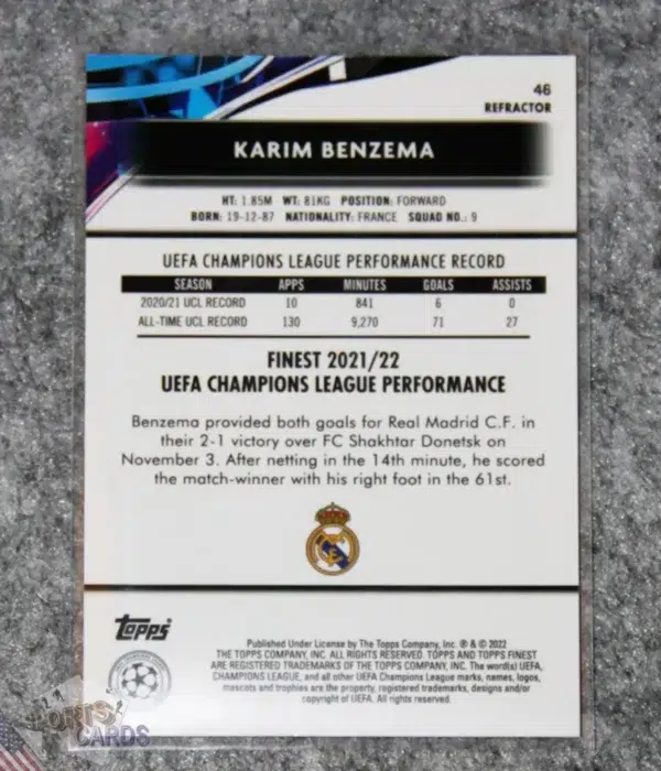 2021-22 Karim Benzema #46 Topps Finest UEFA Champions League Refractor-back