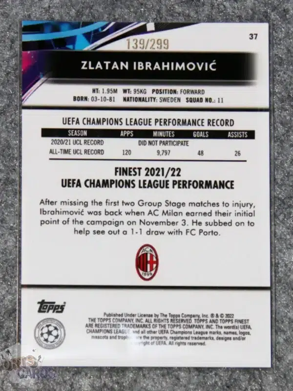 2021-22 Zlatan Ibrahimovic #37 Topps Finest UEFA Champions League /299-back
