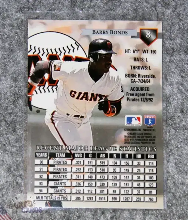 1995 Barry Bonds #8 Donruss Baseball-back
