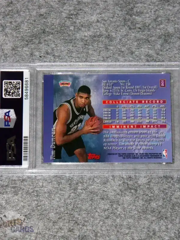 Alternative view of 1997-98 Tim Duncan #201 Topps Stadium Club NBA Draft RC PSA 9 MINT