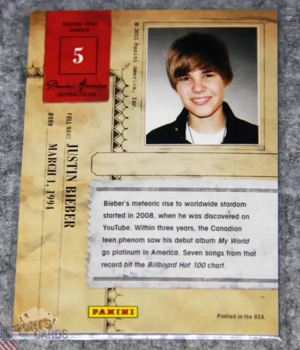 Alternative view of 2011 Justin Bieber #5 Panini Americana