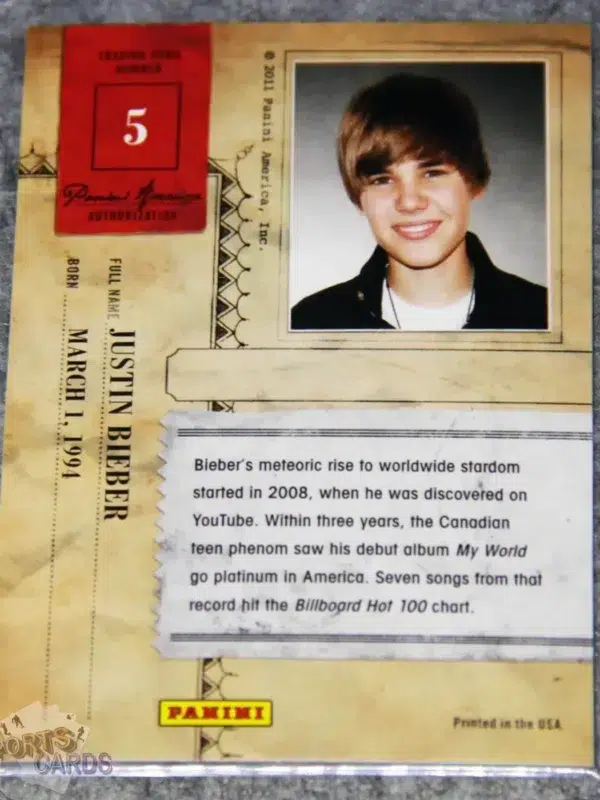 2011 Justin Bieber #5 Panini Americana-back