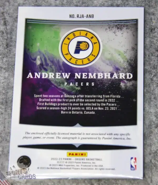 Alternative view of 2022-23 Andrew Nembhard #RJA-ANB Panini Origins RC Patch Autograph