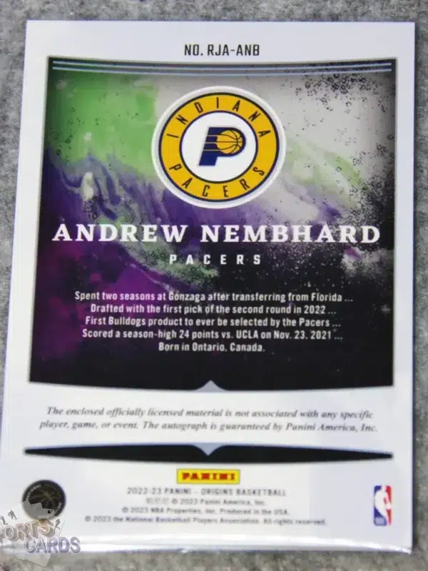 Alternative view of 2022-23 Andrew Nembhard #RJA-ANB Panini Origins RC Patch Autograph
