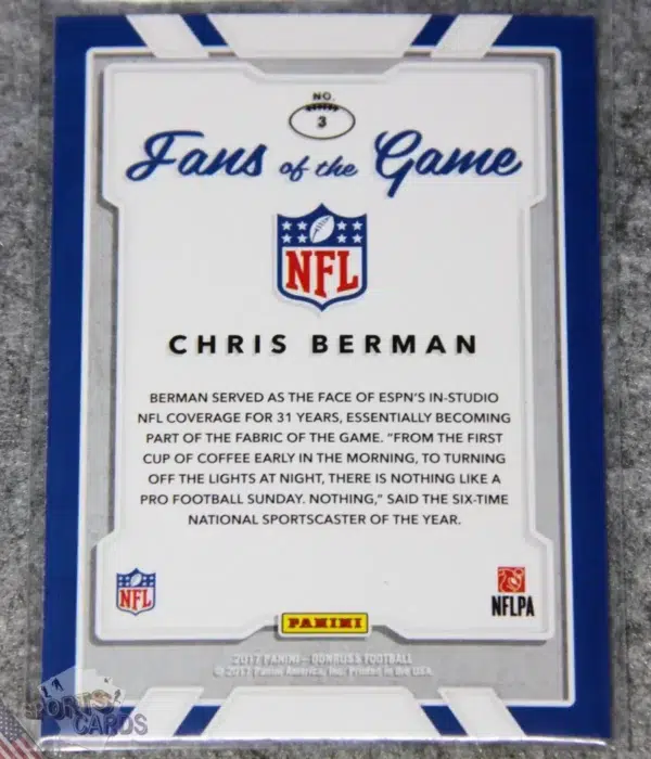 Alternative view of 2017 Chris Berman #3 Panini Donruss NFL Football Fans of the Game