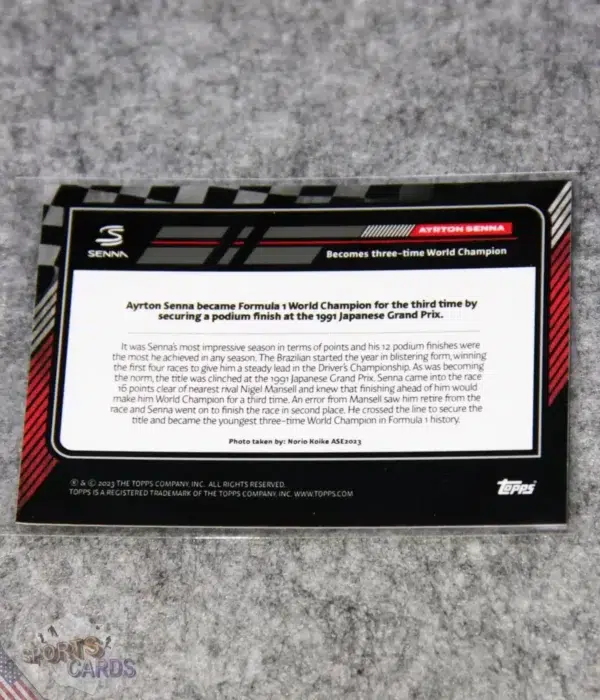 Alternative view of 2023 Ayrton Senna #36 Topps Story of Senna Becomes Three time World Champion