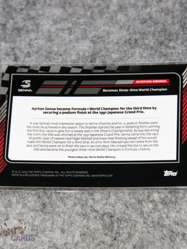 2023 Ayrton Senna #36 Topps Story of Senna Becomes Three time World Champion-back