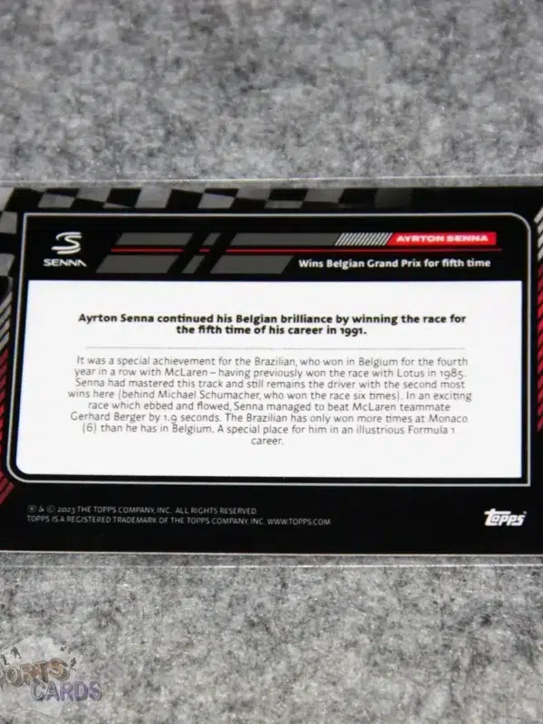 Alternative view of 2023 Ayrton Senna #35 Topps Story of Senna Wins Belgian GP for Fifth time
