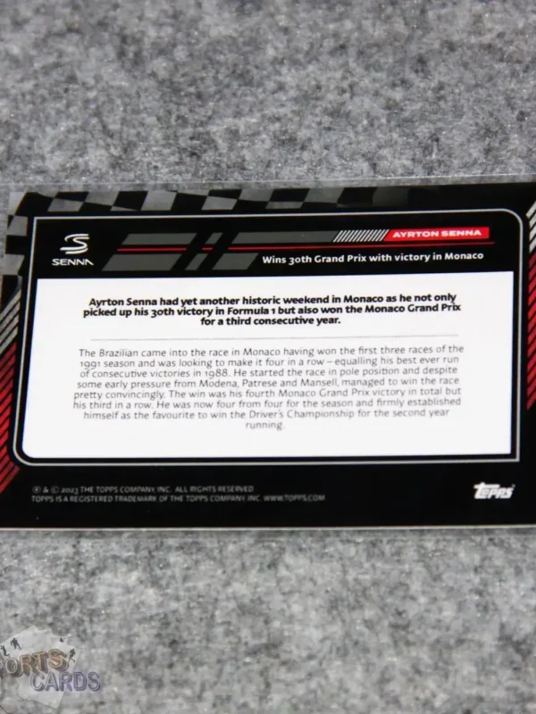 2023 Ayrton Senna #34 Topps Story of Senna Wins 30th GP with victory in Monaco-back