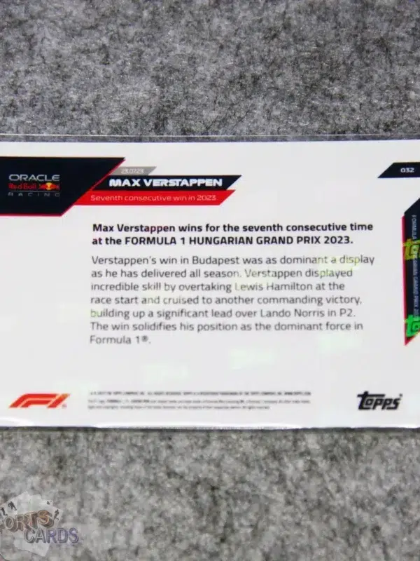 2023 Max Verstappen #32 Topps Now Seventh Consecutive Win in 2023-back