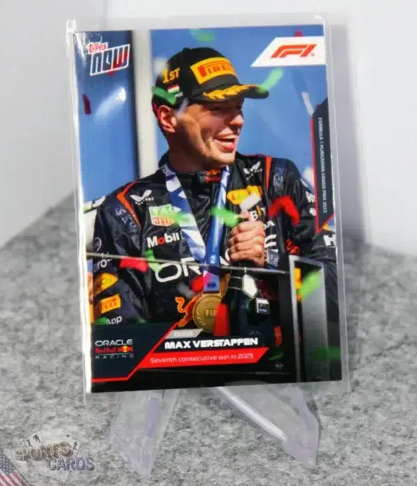 2023 Max Verstappen #32 Topps Now Seventh Consecutive Win in 2023-stand