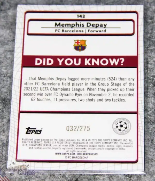 2021-22 Memphis Depay #142 Topps Merlin UEFA Champions League Pink Mojo Refractor /275-back