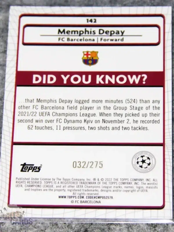 2021-22 Memphis Depay #142 Topps Merlin UEFA Champions League Pink Mojo Refractor /275-back