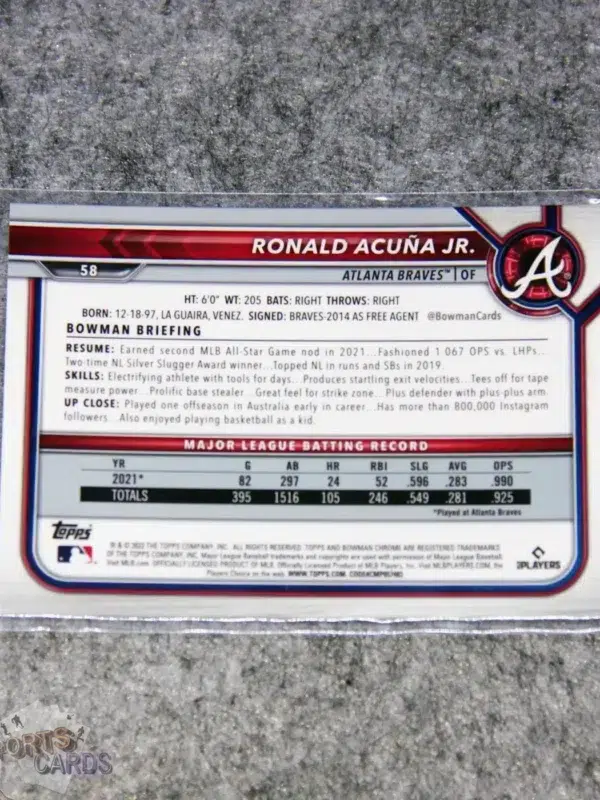 2022 Ronald Acuna Jr. #58 Topps Bowman Chrome Sapphire Edition-back