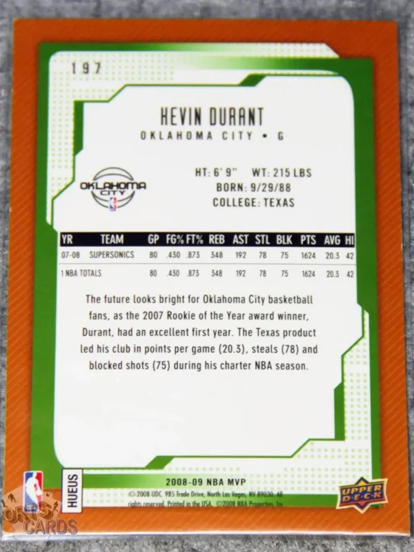 Alternative view of 2008-09 Kevin Durant #197 Upper Deck Team MVP