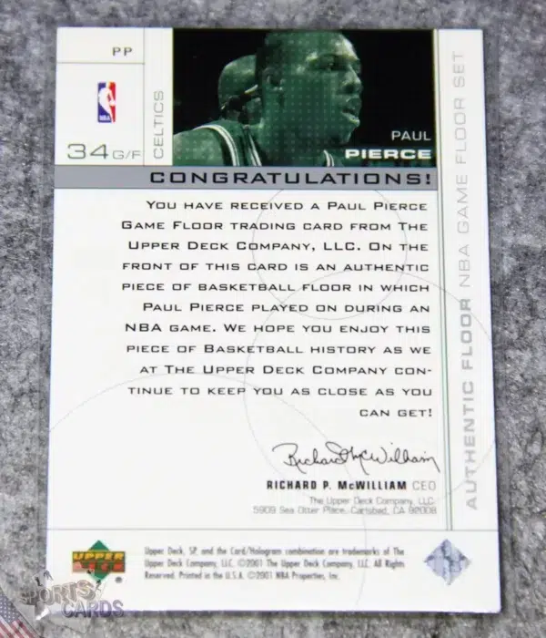 2000-01 Paul Pierce #PP Upper Deck SP Authentic Game Floor Edition-back