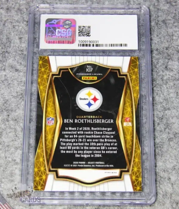 Alternative view of 2020 Ben Roethlisberger #107 Panini Select Premier Level Silver Prizm CSG 9 POP 3