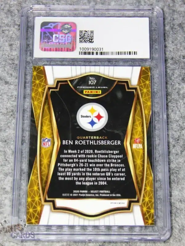 Alternative view of 2020 Ben Roethlisberger #107 Panini Select Premier Level Silver Prizm CSG 9 POP 3