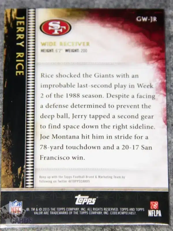 Alternative view of 2015 Jerry Rice #GW-JR Topps Valor Gridiron Warriors