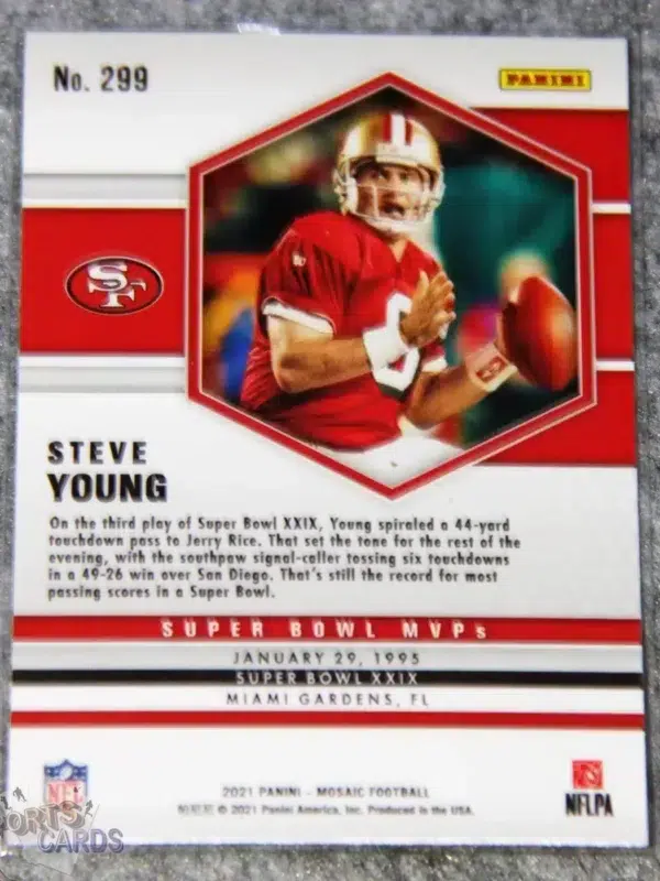 Alternative view of 2021 Steve Young #299 Panini Mosaic Super Bowl MVP's